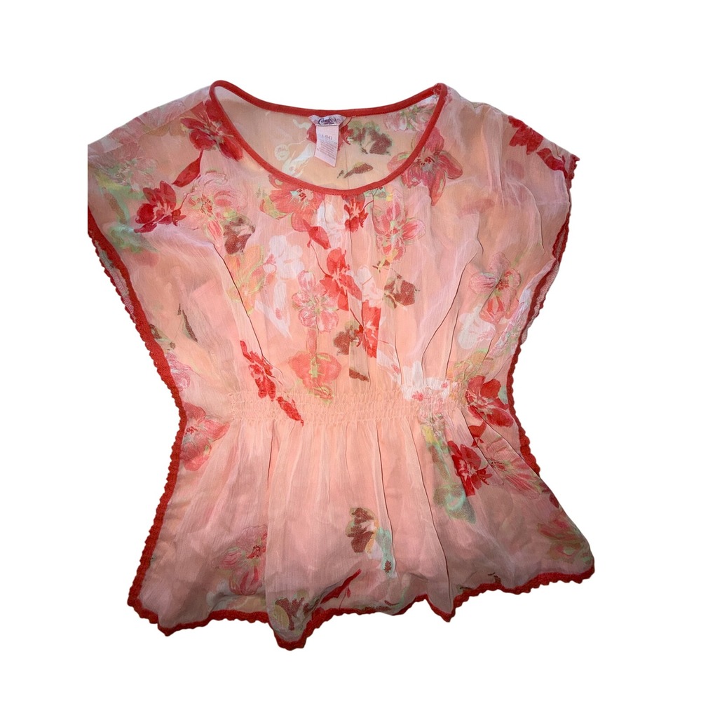 Candies Girl Peach Floral Peplum Top Sheer Chiffon Smocked Waist Size L 14 Kids